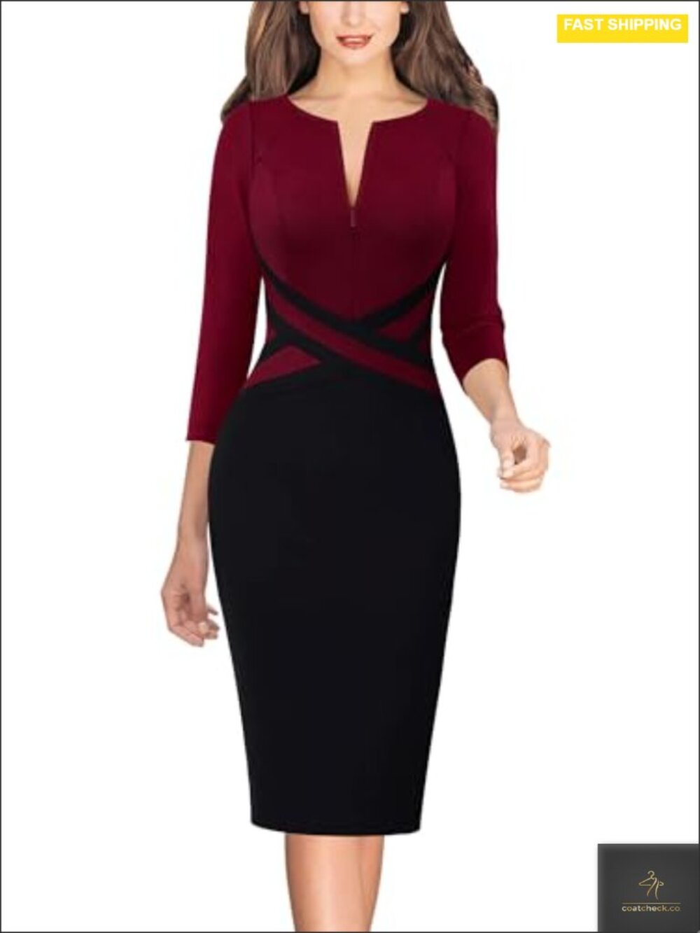 Women's Front Zipper Sheath Work Dress 3/4 Sleeve Bodycon Polyester Cotton Blend